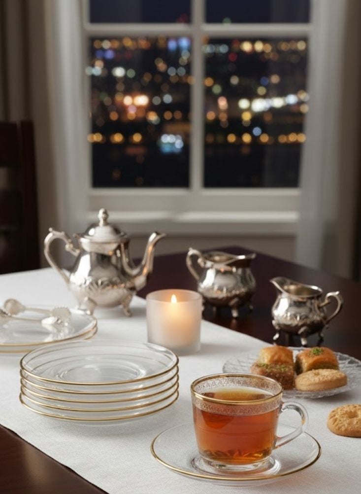 بريميم طقم صحون شاي زجاجية شفافة بحافة ذهبية مكوّن من ست قطع - Image 2